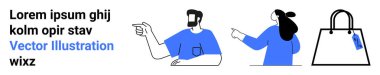 Mavi elbiseli iki çizgi film karakteri etiketli bir el çantasını işaret ediyor. Alışveriş, iletişim, takım çalışması, reklam ve e-ticaret için ideal. İniş sayfası için pankart