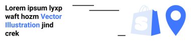 Mavi bir alışveriş çantası ve mavi bir lokasyon rozeti ve yanında siyah-mavi yer tutucu metni. E-ticaret, alışveriş, navigasyon, çevrimiçi hizmetler ve harita entegrasyonu için ideal. İniş sayfası