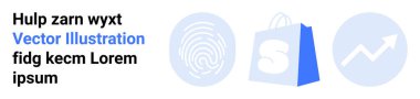 Mavi vektör illüstrasyonlu sol metin bloğu. Parmak izli üç daire, S harfli alışveriş çantası ve yukarı doğru ok. E-ticaret, dijital güvenlik, çevrimiçi alışveriş, büyüme için ideal