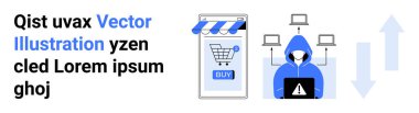 Çevrimiçi alışveriş arabası siber güvenlik tehditlerini temsil eden kapüşonlu birinin yanında. E-ticaret güvenliği, çevrimiçi iş, dijital güvenlik, teknoloji koruması, veri gizliliği için ideal. Pankart