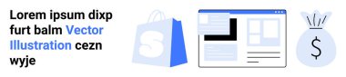 Üç tasarım unsuru arasında alışveriş çantası, web sayfası düzeni ve para çantası sembolü yer alıyor. Çevrimiçi alışveriş, dijital pazarlama, e-ticaret platformları, sanal mağazalar ve finans hizmetleri için ideal