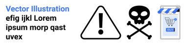 Uyarı sembolü, çapraz kemikli kafatası ve alışveriş arabası çevrimiçi alışverişte ihtiyatı simgeliyor. Siber güvenlik, dolandırıcılığı önleme, çevrimiçi güvenlik, uyarılar ve e-ticaret için ideal. İniş afişi