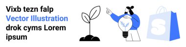 Animated character holding a lightbulb next to a growing plant and a shopping bag on a white background. Ideal for innovation, online shopping, sustainability, creative ideas, and marketing themes clipart