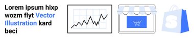 İş büyümesini gösteren grafikler, alışveriş arabası simgesiyle vitrin önü, mavi renkli S logosu olan alışveriş torbası. Çevrimiçi alışveriş, e-ticaret pazarlama, dijital iş, satış için ideal