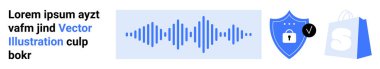 Mavi bir ses dalgası, kilit ve işaretli bir kalkan ve bir alışveriş poşeti ikonu. E-ticaret, çevrimiçi güvenlik, dijital işlemler, güvenli ödemeler ve kimlik doğrulama için ideal. İniş sayfası