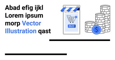 Akıllı telefon, alışveriş arabası, satın alma düğmesi ve istiflenmiş paralar. E-ticaret, dijital pazarlama, çevrimiçi ödeme, finansal teknoloji, mobil uygulamalar için ideal. İniş sayfası için pankart