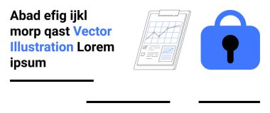 Dijital çizelge ve mavi kilit içeren metin veri analizini ve güvenliği simgeler. Siber güvenlik için ideal, veri analizi, gizlilik koruması, dijital çözümler, modern teknoloji. İniş afişi