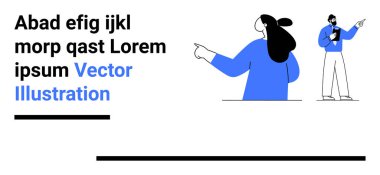 Mavi elbiseli iki karakter, minimalist bir arkaplan hakkında tartışıyorlar. İş sunumları, dijital pazarlama, takım çalışması, iletişim ve eğitim için ideal. Pankart