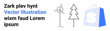 Rüzgâr türbini, ağaç ve S harfli alışveriş çantası, yer tutucu metnin yanında. Sürdürülebilirlik, yenilenebilir enerji, çevre bilinci, çevre dostu alışveriş ve yeşil uygulamalar için ideal