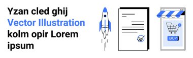 Roket fırlatma, sembollü belge ve online alışveriş arayüzü. İş, teknoloji, e-ticaret, yenilik ve dijital pazarlama temaları için ideal. İniş sayfası için pankart