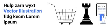 Alışveriş arabası, satranç kalesi ve dijital şifre defteri. E-ticaret, strateji, teknoloji, dijital güvenlik ve ticaret konuları için ideal. İniş sayfası için pankart