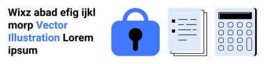 Mavi kilit simgesi, veri yönetimini veya finansal analizi sembolize eden belge ve hesap makinesinin yanında güvenliği simgeler. Güvenlik gizliliği için ideal finans veri yönetimi teknolojisi. İniş afişi