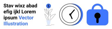 Üzerinde dolar işareti, saat ve mavi-siyah kilit sembolü olan bir bitki gösteriyor. Finans, zaman yönetimi, güvenlik, büyüme ve minimalist tasarım için ideal. İniş sayfası için pankart