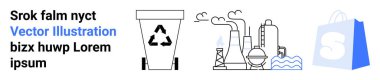 Sürdürülebilirlik atık yönetimi kirliliği endüstrisi ve e-ticaret konuları için mavi renkli S harfiyle duman ve alışveriş çantası yayan ok fabrikalı geri dönüşüm kutusu. İniş sayfası