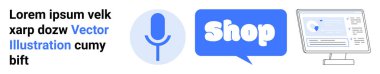 Mikrofon, dükkan tabelası ve Iorem ipsum metni olan bilgisayar monitörü gibi iletişim unsurlarının görüntülenmesi. Çevrimiçi alışveriş, iletişim, iş, e-ticaret ve dijital için ideal