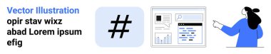 Üstveri etiketi sembolü, grafikli web sayfası düzeni, analiz eden kişi. Sosyal medya, dijital pazarlama, veri analizi, SEO, web tasarımı için ideal. İniş sayfası için pankart
