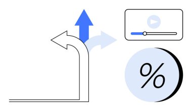 Beyaz yukarı doğru ok, mavi ok, oynatma tuşu ve yüzde sembollü iş büyüme grafiği. Ticari büyüme, yatırım, ilerleme izleme, veri analizi ve dijital pazarlama için ideal