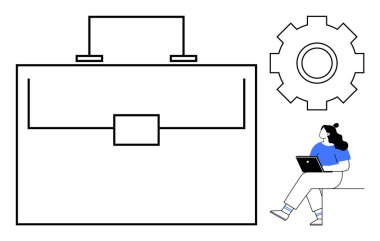 Dişli teknolojiyi temsil ederken, büyük evrak çantası işi simgeler. Dizüstü bilgisayarda çalışan bir kadın. İş stratejisi, teknoloji entegrasyonu, kariyer geliştirme, uzaktan çalışma, şirket için ideal