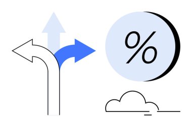 Farklı yönlere bakan üç ok daire içinde büyük bir yüzdelik sembol ve küçük bir bulut. Finans, karar verme, iş büyümesi, tahmin, planlama, stratejik