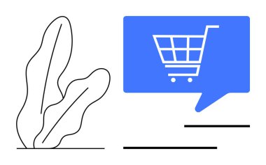 Soyut bitkinin yanındaki mavi konuşma balonunda alışveriş arabası ikonu. E-ticaret, pazarlama, dijital perakende, çevrimiçi ticaret, web sitesi tasarımı, sosyal medya ve tüketici davranışı için ideal. Satır metaforu