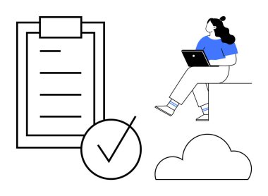 Dizüstü bilgisayarda çalışan bir kadın, işaretli büyük bir kontrol listesi, bulut simgesi. Üretkenlik uygulamaları, bulut hesaplama, uzak çalışma, proje yönetimi, görev tamamlama, dijital planlama için ideal