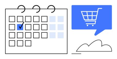 İşaretli tarihli takvim, mavi konuşma balonunda alışveriş arabası simgesi, bulut. E-ticaret, promosyon, satış planlaması, pazarlama, dijital etkinlikler, programlama, tatiller için ideal. Satır metaforu