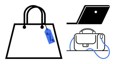 Mavi etiketli alışveriş çantası, masada dizüstü bilgisayar ve mavi kabloyla bağlanmış sırt çantası. Perakende, e-ticaret, iş, seyahat, teknoloji, online alışveriş, satış için ideal. Satır metaforu