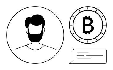 İçinde sakal olan kullanıcı profili paranın içinde Bitcoin sembolü ve üç satırlı metin balonu. Kripto para birimi, çevrimiçi kimlik, sosyal medya, finansal uygulamalar, engelleme zinciri, dijital