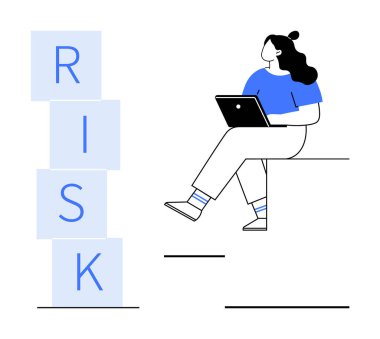 Dizüstü bilgisayarı olan bir kadın dizüstü bilgisayarının yanında oturmuş RISK 'i heceliyor. İş stratejisi için ideal, finansal planlama, risk yönetimi, karar verme, kariyer kararları, yaratıcı düşünce, eğitim. Çizgi