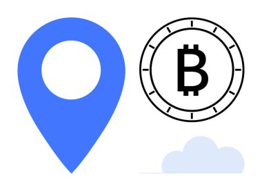 Geolocation marker, Bitcoin symbol inside a coin outline, and a small cloud in blue and black. Ideal for fintech, blockchain, cryptocurrency, digital navigation, cloud computing, tech presentations clipart