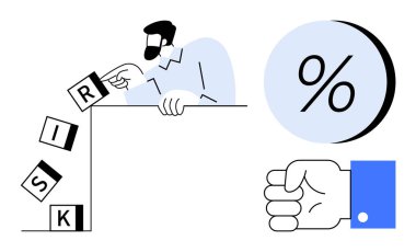 RİSK 'in yazılışını engelleyen adam. Çemberin içinde büyük bir yüzdelik sembol. Yumruğunu sıkarak aşağıya doğru işaret ediyor. Risk yönetimi, mali planlama, yatırım, kişisel finans ve karar verme için ideal