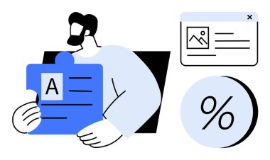 Sakallı bir adam mavi bir yapboz parçasını mesajla tutuyor. Yakınlarda, bir resim ve yüzde sembollü bir web tarayıcı penceresi. Takım çalışması, strateji, veri analizi, bütünleşme ve sorun çözme için ideal