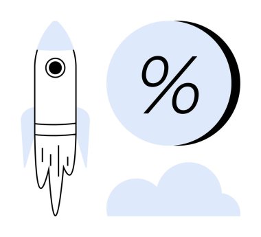 Rocket soaring near a large percentage symbol beside a cloud. Ideal for business strategy, financial growth, performance metrics, investment success, start-up ventures, economic progress. Line clipart