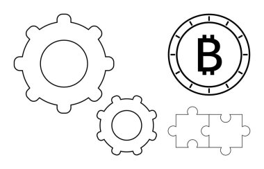 Bitcoin sembolü iki vites ve birbirine bağlı iki yapboz parçasının yanında. Kripto para birimi, teknoloji, engelleme zinciri, problem çözme, finans, yenilik, takım çalışması temaları için idealdir. Satır metaforu
