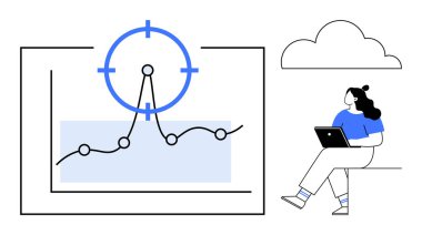 Bilgisayarlı iş kadını veri tablosunun yanında ve hedef odaklı, bulut grafiğinin altında. Veri analizi, iş stratejisi, bulut depolama, teknolojik ilerleme, uzaktan çalışma, hedef belirleme için ideal