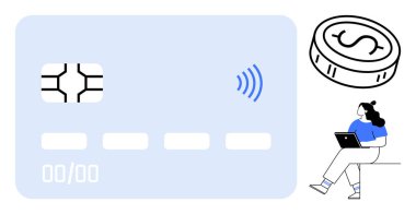 Çipli ve kablosuz sembollü temassız kredi kartı dolar işaretli bozuk para, dizüstü bilgisayarda çalışan profesyonel kadın. Elektronik ödemeler, mobil bankacılık, e-ticaret, finans, iş için ideal