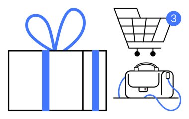 Kurdeleli hediye kutusu, tebligat balonlu alışveriş arabası ve evrak çantası. Çevrimiçi alışveriş, hediye verme, perakende, ticaret, e-ticaret, tatil promosyonları ve pazarlama için ideal. Satır metaforu