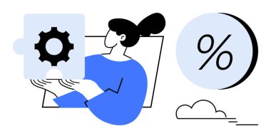 Kadının elinde bir bulmaca parçası var. Yüzdelik bir sembol ve küçük bir bulutun yanında. İş stratejisi, takım çalışması, finans, yenilik, problem çözme, analitik ve planlama için ideal. Satır metaforu