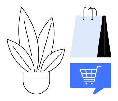 Yapraklı sade saksı, iki tonlu alışveriş torbası ve konuşma balonunda mavi bir alışveriş arabası ikonu. E-ticaret, çevrimiçi alışveriş, bahçıvanlık, perakende, doğa ürünleri, müşteri