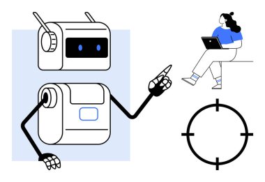Uzamış kolları olan, dizüstü bilgisayar kullanan ve hedef odaklama sembolü olan gelecekçi bir robot. Teknoloji yeniliği, robot bilimi, yapay zeka gelişimi, dijital etkileşimler, uzaktan çalışma için ideal