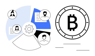 Pasta grafiğinin yanındaki Bitcoin sembolü, her biri bir avatar ve belge simgesine sahip parçalara bölünmüş. Vites tekeri ortada. Kripto para birimi, takım çalışması, işbirliği, ademi merkeziyetçi sistemler için ideal