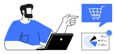 Elinde dizüstü bilgisayarı olan bir adam alışveriş arabasının simgesini işaret ediyor. Bir dolar işareti olan bir pasta grafiğini analiz ediyor. E-ticaret, çevrimiçi alışveriş, iş analizi, pazarlama, finans, dijital satış, piyasa