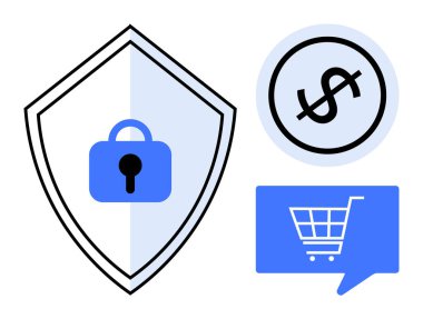 Kilitli bir güvenlik kalkanı, dolar işareti ve konuşma balonundaki alışveriş arabası güvenlik ve e-ticaret işlemlerini gösteriyor. Çevrimiçi güvenlik, finans, perakende, e-ticaret, veri koruması için ideal