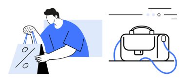 Elinde yüzde işareti olan alışveriş torbaları tutan adam indirimli satışa işaret ediyor. Yakınlarda, birbirine bağlı çizgiler olan bir çanta. Alışveriş, satış, promosyon, perakende, ticaret ve pazarlama için ideal