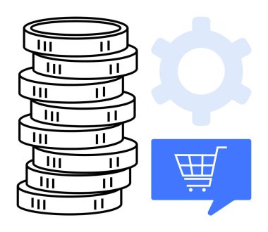 Teçhizat ve alışveriş arabasının yanında e-ticaret, otomasyon ve finansal işlemleri simgeleyen madeni para yığını. Çevrimiçi alışveriş, iş, ekonomi, finans, teknoloji, dijital ödemeler için ideal