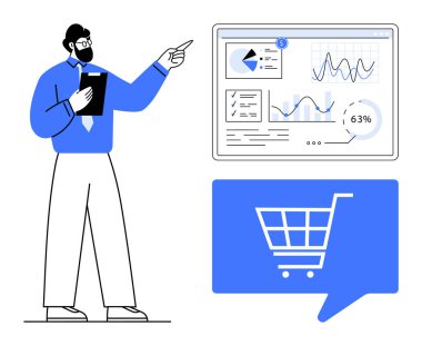Ekrandaki adam grafikleri ve grafikleri gösteriyor, panoyu tutuyor. Aşağıda mavi alışveriş arabası konuşma balonu var. Sunumlar, e-ticaret, veri analizi, perakende, pazarlama, strateji için ideal