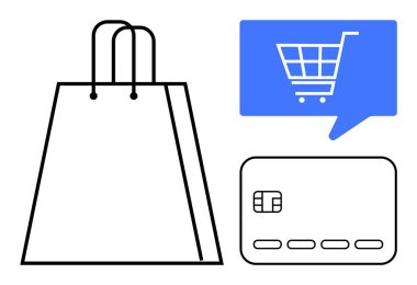 Alışveriş çantası, kredi kartı, mavi alışveriş arabası ikonlu konuşma balonu e-ticareti ön plana çıkarıyor. Çevrimiçi perakende satış, dijital pazarlama, ödeme çözümleri, tüketici davranış analizi, fintech