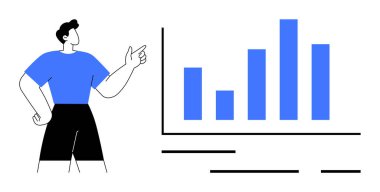 Değişen yükseklikleri olan mavi çizelgeye bakıp grafik verileri gösteren bir işadamı. Sunumlar, veri analizleri, iş raporları, mali değerlendirmeler, eğitim amaçları, pazarlama için ideal