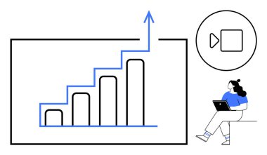 Yükselen bar grafiği, yükselen eğilimi gösteren iş büyüme grafiği, dizüstü bilgisayar kullanan bir kadın ve video akış simgesi. İş analizi, mali raporlar, çevrimiçi sunumlar için ideal