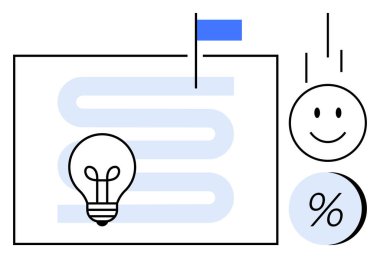 Dalgalı bir yolda, mutlu bir yüz ve yüzde ikonu eşliğinde bir bayrağa giden bir ampul. İş stratejisi, yenilik, yaratıcılık, hedef belirleme, ilerleme, motivasyon ve başarı için idealdir. Çizgi